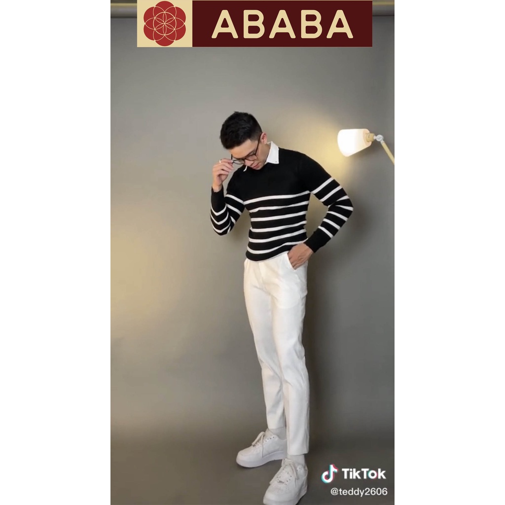 Áo len nam cổ tròn Hàn Quốc ABABA, tay dài cổ tròn, kẻ toàn thân m9 ABA-04