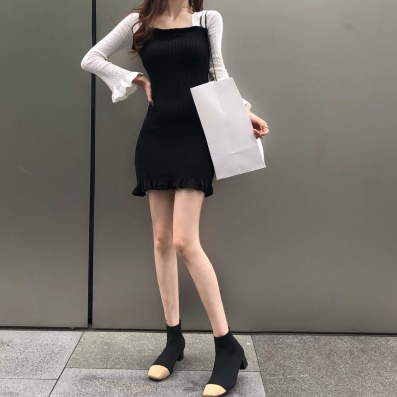 Women Ruffled Slim Skirt Color Matching Waist Long-sleeved Knitted Dress