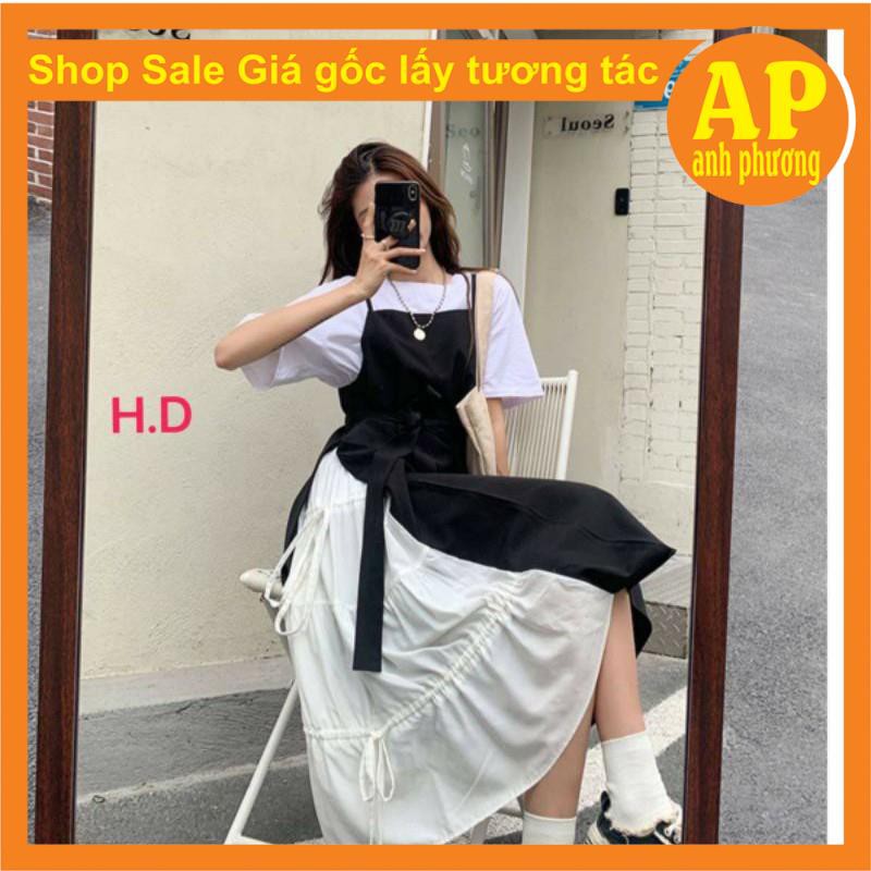 [Mã FAMAYWA2 giảm 10K đơn 50K] Sét Váy 2 dây đi biển buộc eo Vintage Tiểu thư + áo thun trắng phong cách Hàn Quốc | BigBuy360 - bigbuy360.vn