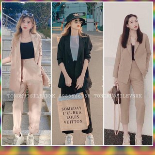 ✓ Set Vest Dài Đen Be Chất Đũi - Set Áo Khoác Vest Mix Quần Đũi Dài Hot ✓Đồ Nữ Đẹp (Hình Thật)