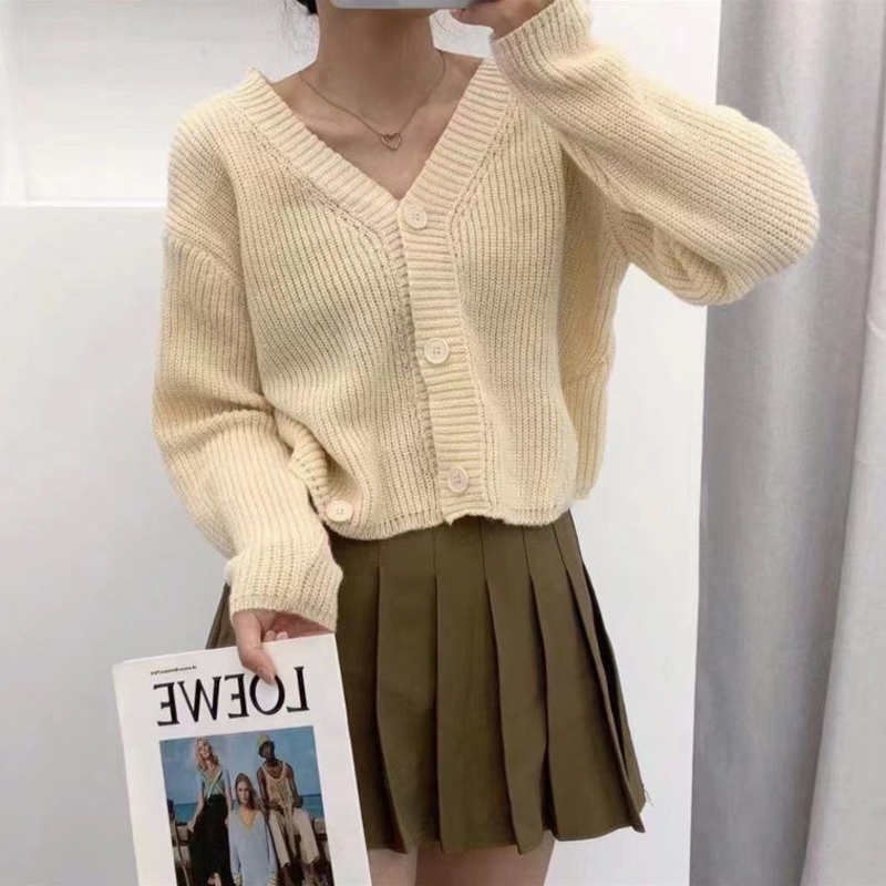 Áo Khoác Cardigan Dệt Kim Cổ Chữ V Màu Trơn Thời Trang Mùa Thu Hàng Mới Dành Cho Bạn Nữ