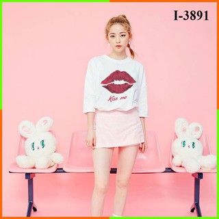 Áo thun nữ form rộng tay lỡ in môi kiss me - 55kg -75kg