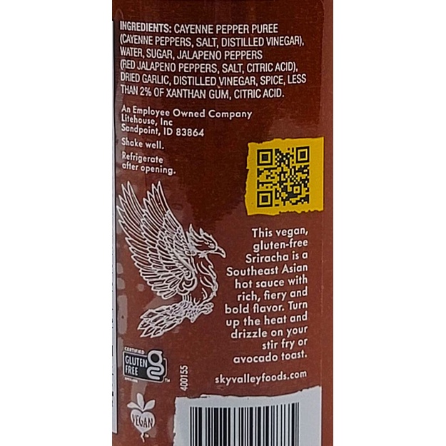 TƯƠNG ỚT GLUTEN-FREE Sky Valley Sriracha Sauce, Vegan, Plant Based, 524g (18.5oz)