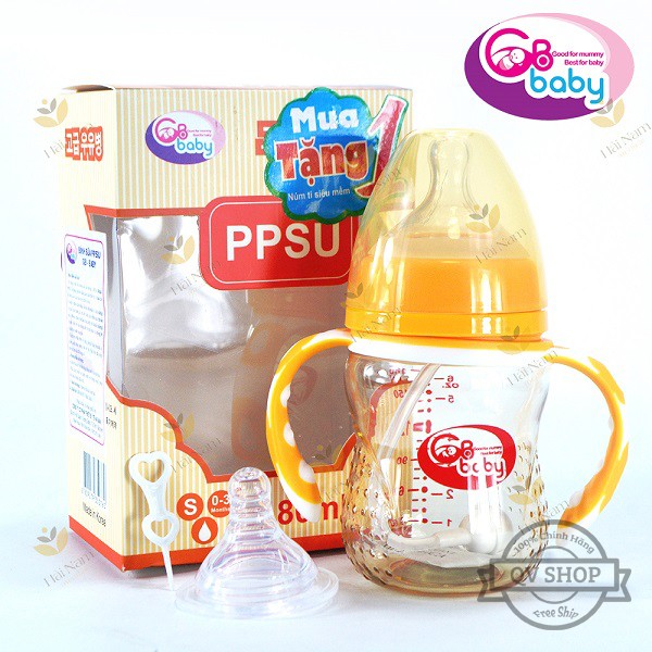 Bình sữa nhựa PPSU GB-Baby 180ml Hàn Quốc có tay cầm - Tặng 1 núm ti siêu mềm