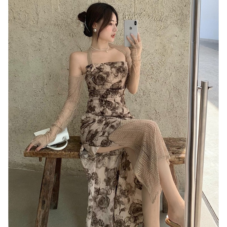 MARTHA | Váy Hoa Nữ Martha Sexy Lệch Vai Kiểu Pháp Cổ Lửng Dài Tay Túi Ngang Hông, Đầm Tiểu Thư Xẻ Tà Ulzzang