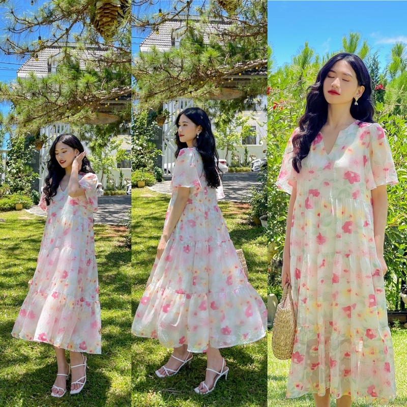 Đầm Voan Hoa Lụa Cổ V Phom Suông Rộng Dáng Tầng Babydoll Phong Cách Nữ Tính Nhẹ Nhàng