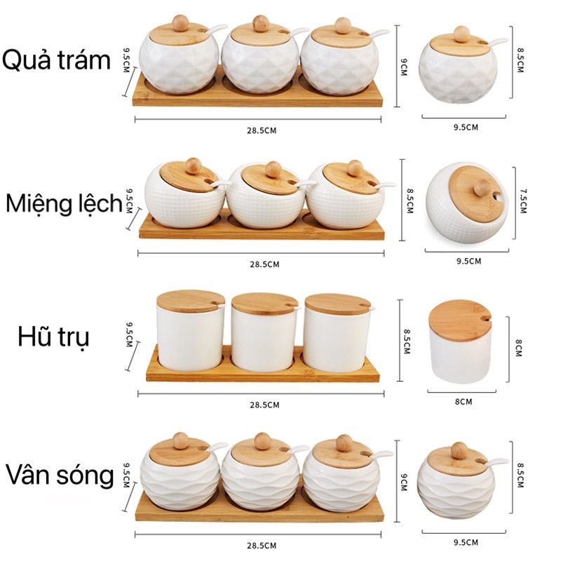 Hũ lọ đựng gia vị sứ trắng nắp khay gỗ phong cách tối giản sang trọng, lọ đựng gia vị muối tiêu
