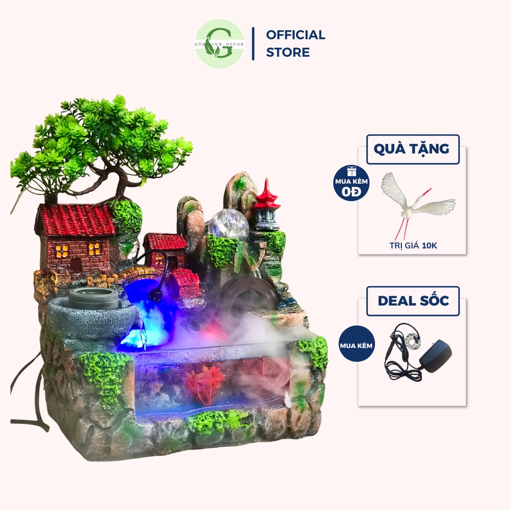 Thác Nước Phong Thủy Gốm Xinh Decor Tiểu Cảnh Hòn Non Bộ Bể Cá Mini để bàn chất liệu nhựa compsosit cao cấp