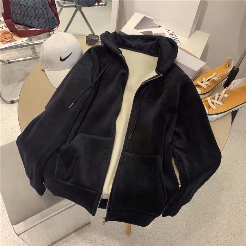 Áo khoác lót bông mùa đông dây kéo Hoodie zip