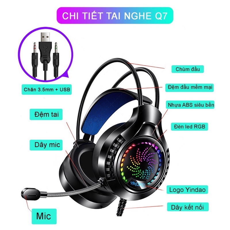 Tai Nghe Chụp Tai Gaming LED RGB YINDIAO Q7 Có Mix Dùng Cho Máy Tính Laptop Điện Thoại Có 3 Màu Trắng Đen Hồng