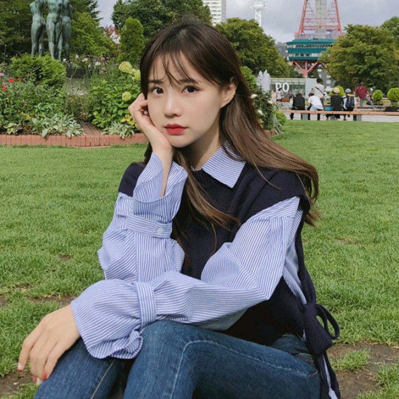 Set áo len gile buộc dây + Áo sơ mi nữ dài tay cổ bẻ kẻ sọc xanh style Hàn Quốc thanh lịch