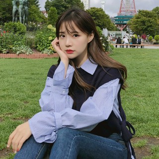 (HÀNG SẴN) Set áo len gile buộc dây + Áo sơ mi nữ dài tay cổ bẻ kẻ sọc xanh style Hàn Quốc thanh lịch - AM232
