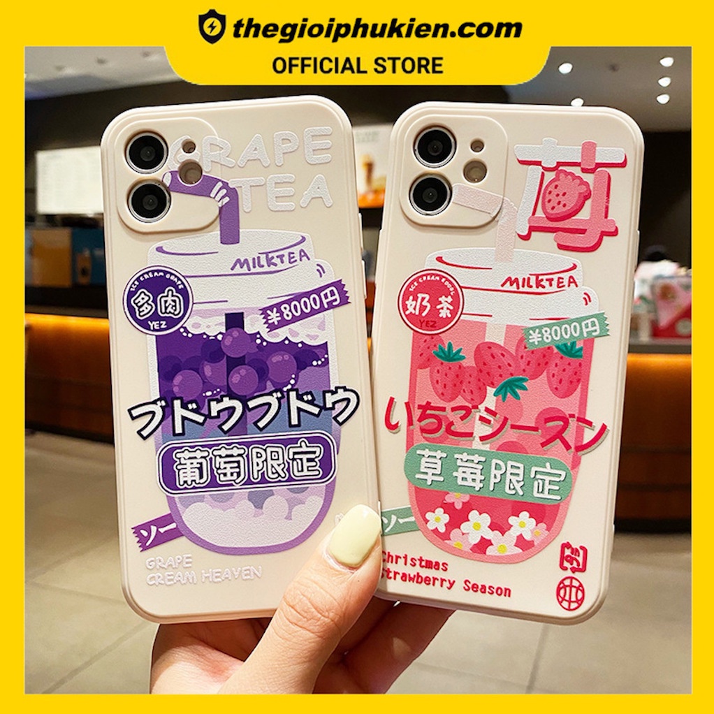 Ốp lưng iphone cạnh vuông trà sữa hoa quả nhật bản dành cho iphone 6 đến 14promax - E78