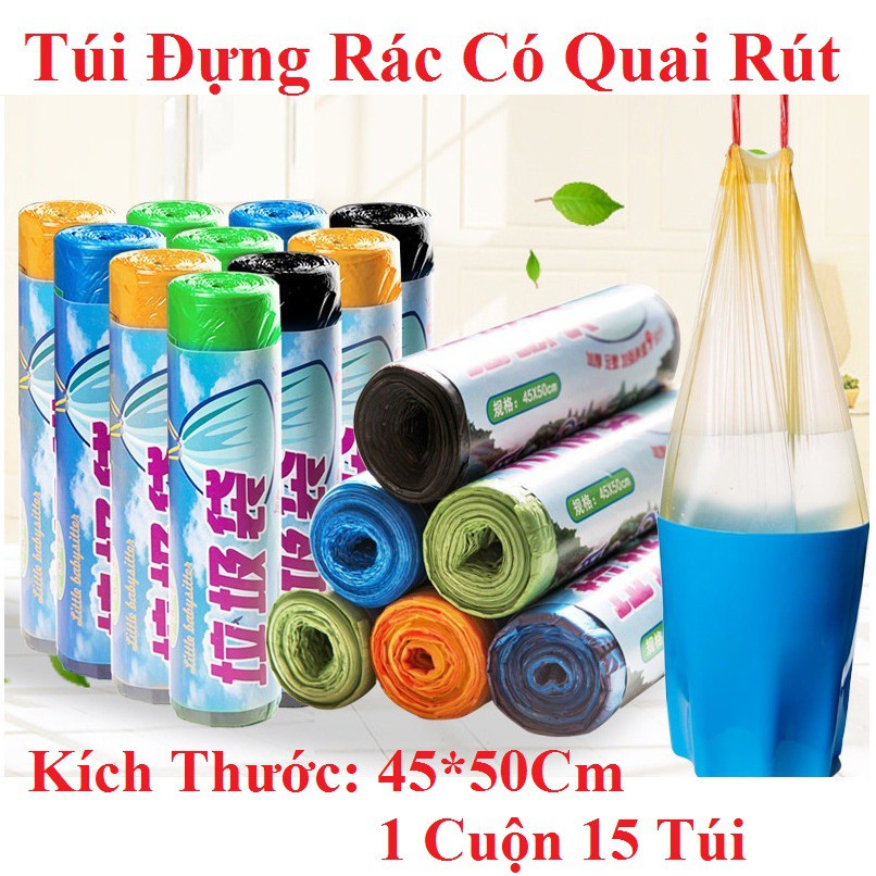 Túi đựng rác sinh học đa năng tự phân hủy có dây rút size 45*50cm ( 15 túi/1 cuộn).