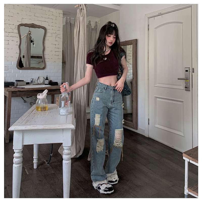 Quần Jean Ống Rộng Rách Gối Thời Trang Dành Cho Nữ