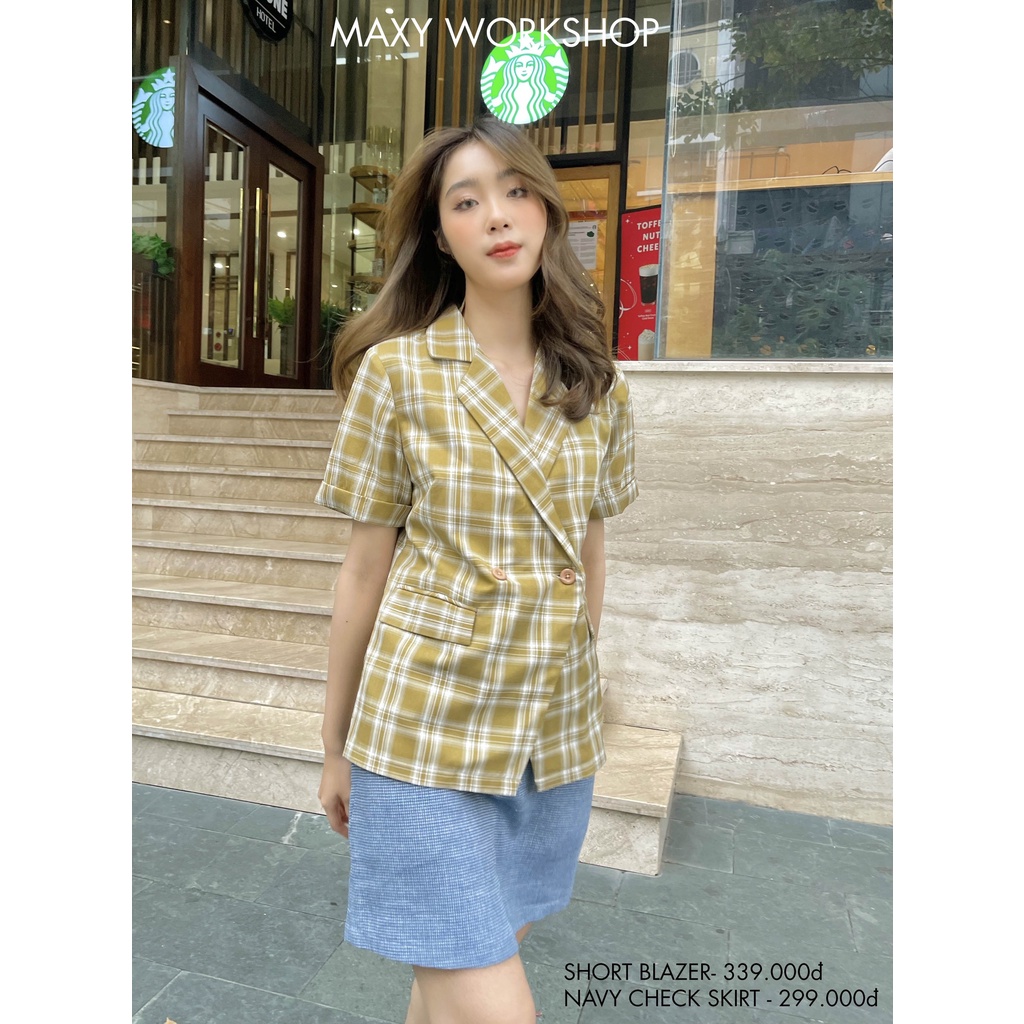 Áo khoác blazer tay ngắn sọc caro vàng yellow caro short blazer Maxy Workshop