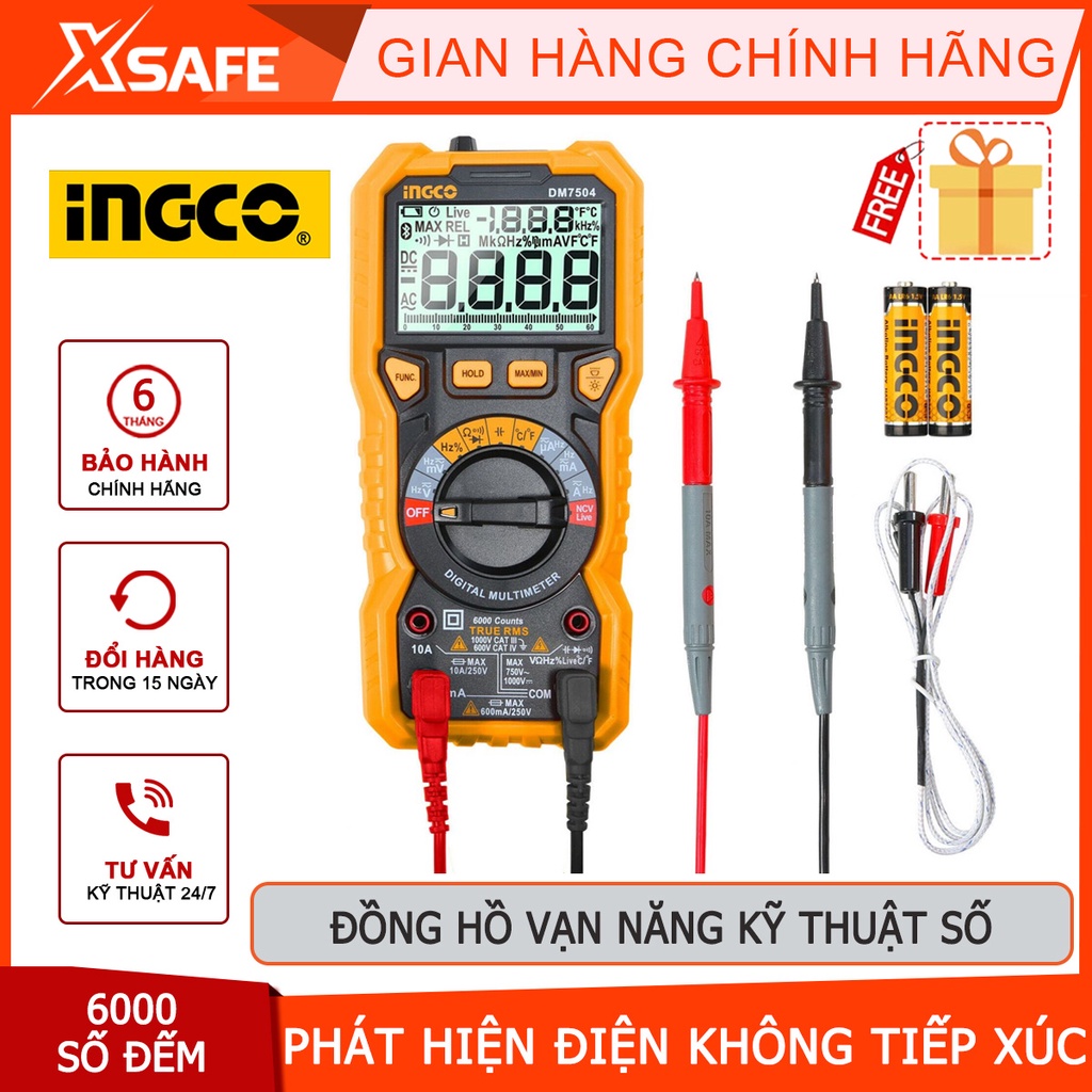 Đồng hồ vạn năng kỹ thuật số INGCO DM7504 đo điện RMS thực 6000 số đếm, phát hiện điện áp không tiếp xúc - XSAFE
