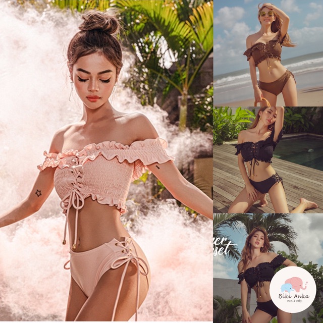 Bikini đồ bơi Hàn Quốc hai mảnh sexy trễ vai nhấn bèo đan dây mới 2020
