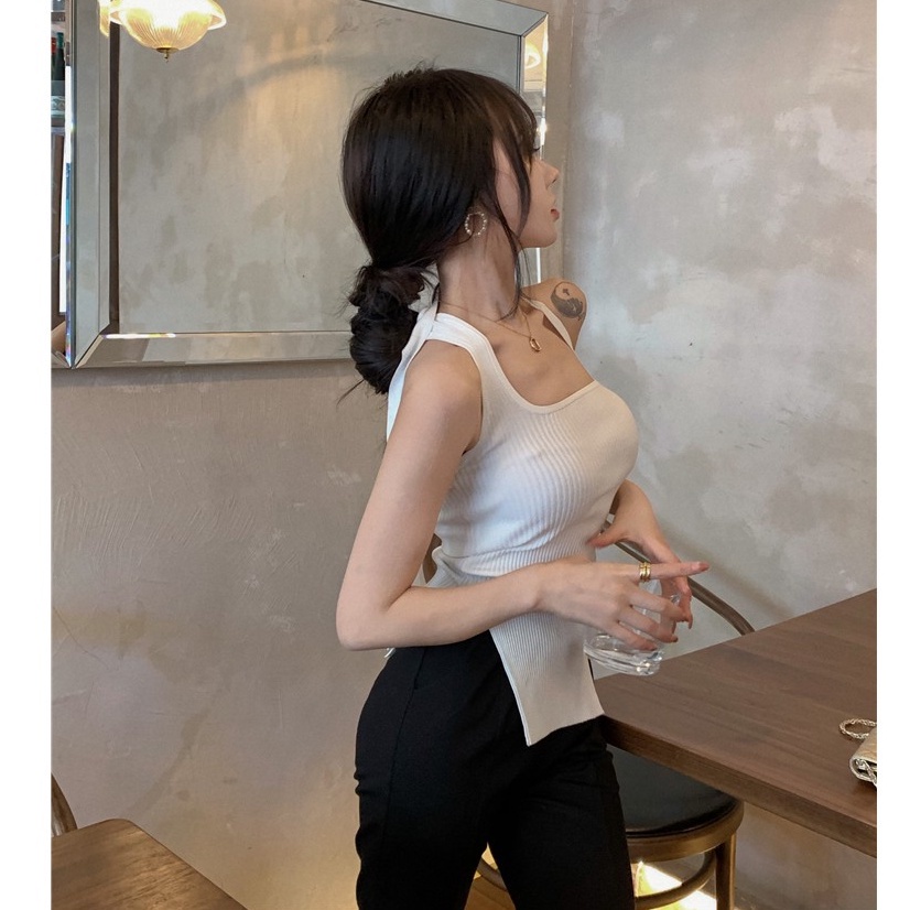 QKOOLE  Áo dệt kim không tay màu trắng phong cách Hàn Quốc dành cho nữ