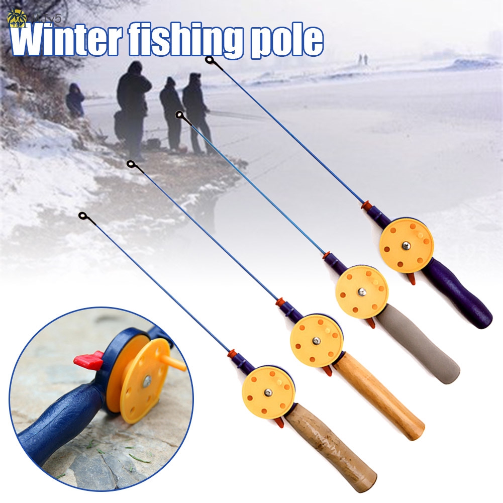 Cần câu cá trên băng trong mùa đông có cuộn quay dây câu tay cầm bằng gỗ mềm cực nhẹ