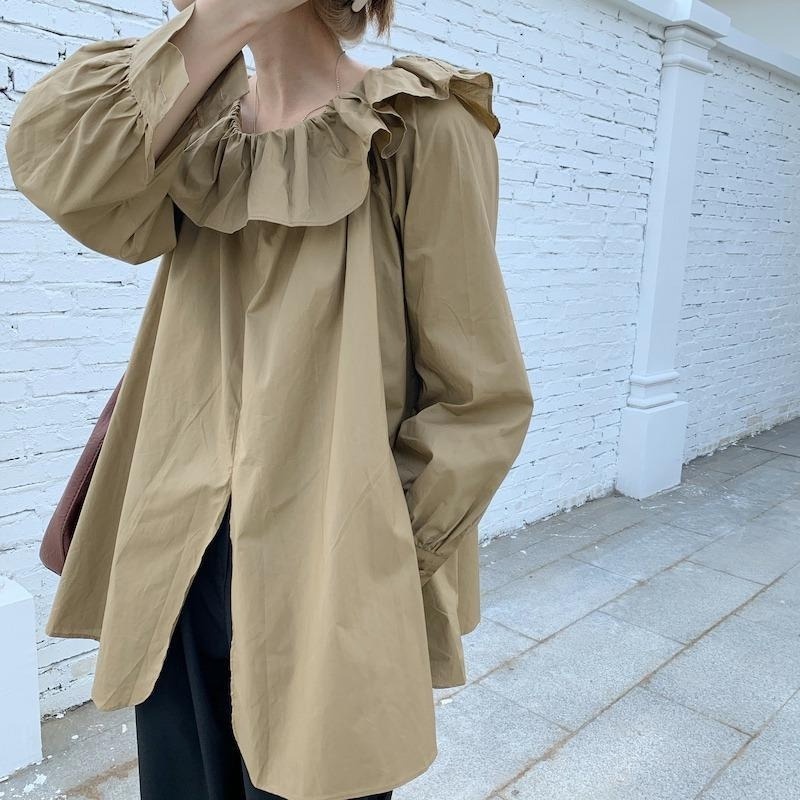 Áo Sơ Mi Nữ Dáng Rộng Tay Dài Hở Vai Thiết Kế Xẻ Tà