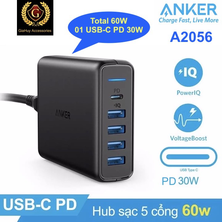 Củ Sạc Macbook Air, iPad Pro ANKER PowerPort 60W, 05 cổng (01 USB-C PD 30W & 04 USB-C PIQ) - A2056