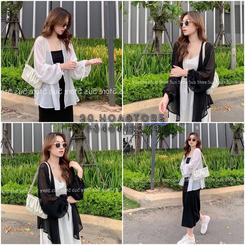 ÁO VOAN TRƠN TAY RÚT - ÁO KHOÁC CARDIGAN VOAN GIẤY THẮT NƠ TRẮNG ĐEN BASIC