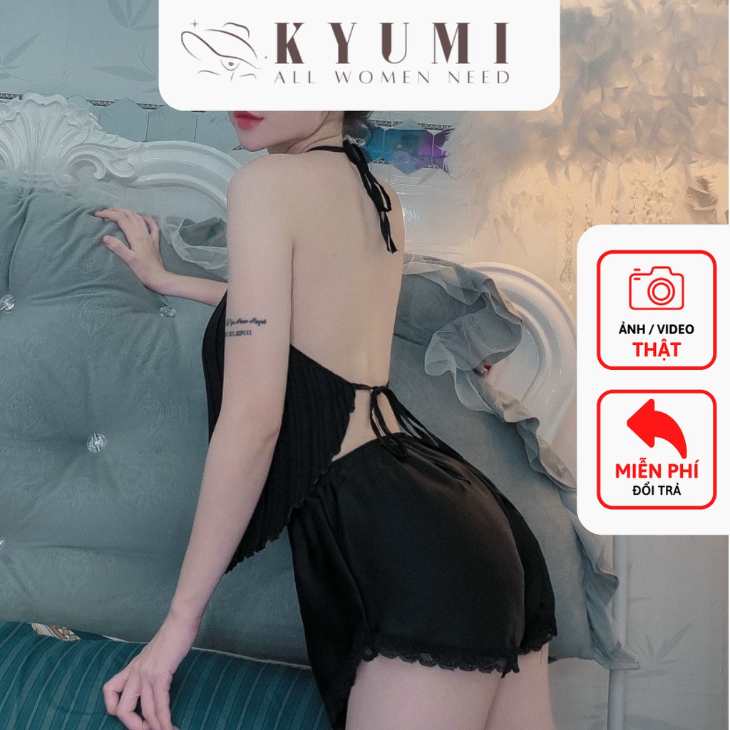 Đồ ngủ sexy yếm dập ly KYUMI Official, chất liệu lụa satin, freesize 40-65kg tùy chiều cao, kèm quần ren gợi cảm 001 | BigBuy360 - bigbuy360.vn