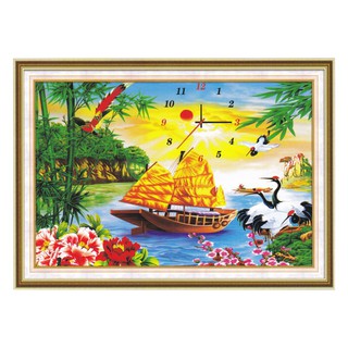 Tranh đính đá đồng hồ phong cảnh. Kích thước: 75X53cm