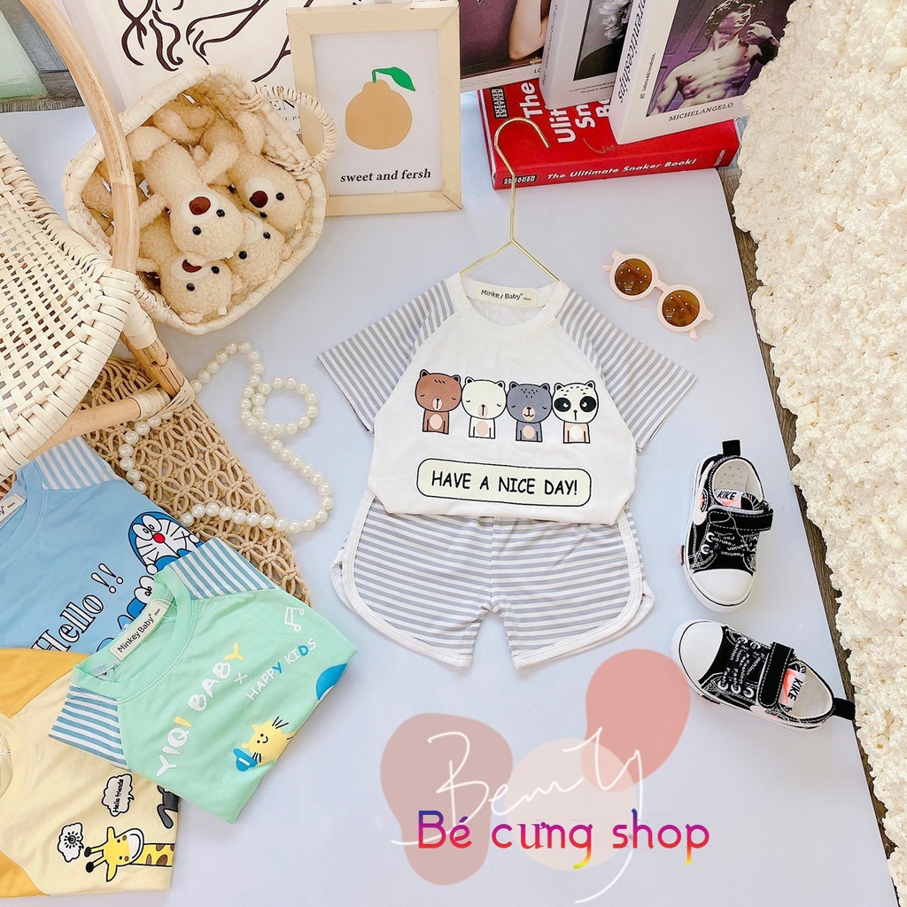 Bộ cộc tay cho bé trai bé gái, Bộ cộc tay Minky mom chính hãng thun lạnh họa tiết hình cho bé từ 7 - 20kg