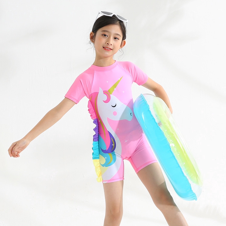 Đồ bơi liền thân in hình kỳ lân kèm mũ bơi cho bé gái