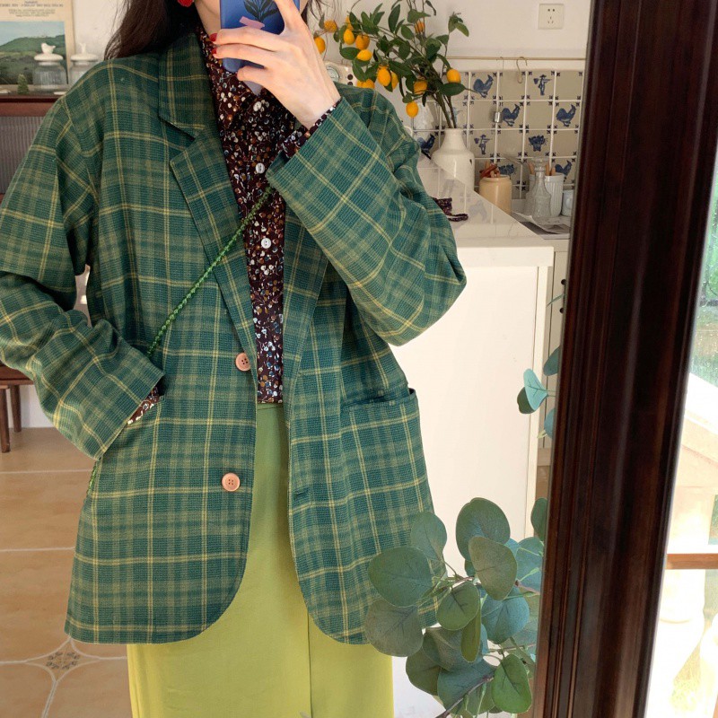 (Hàng Đẹp)Ảnh thật 4 hình cuối-Áo blazer kẻ xanh bơ Ulzzang | BigBuy360 - bigbuy360.vn