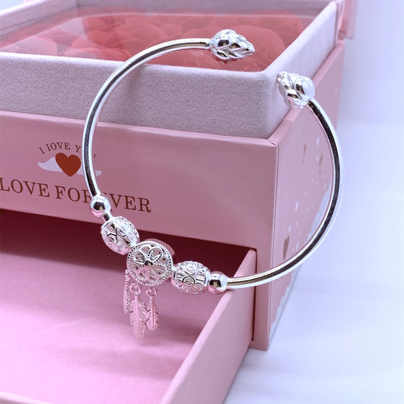 Vòng đeo tay hở RINHOO FRIENDSHIP mạ bạc 925 hình dreamcatcher/ lông vũ/ hoa sen chống thấm nước thời trang dành cho nữ