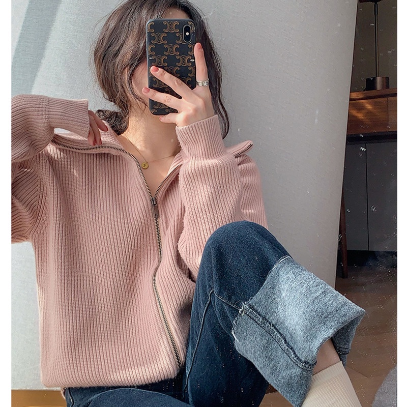 Áo Khoác Sweater Dệt Kim Cổ Cao Dáng Rộng Phối Khóa Kéo Thời Trang Thu Đông Cho Nữ - HÀNG MỚI VỀ