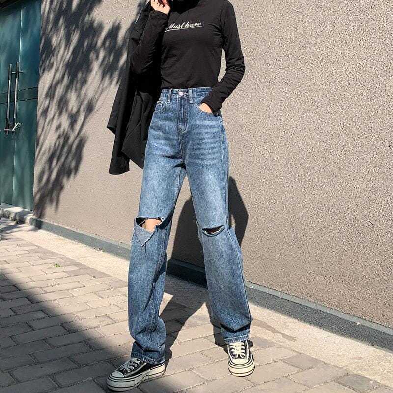 Jiashucheng Quần Jean Nữ Ống Rộng Lưng Cao Rách Gối Cá Tính