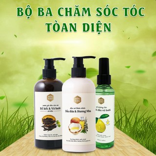 Nước gội bồ kết 300ml + dầu xả dầu dừa 300ml + tinh dầu xịt vỏ bưởi 130ml - Bộ 3 chăm sóc tóc Mộc Nhu