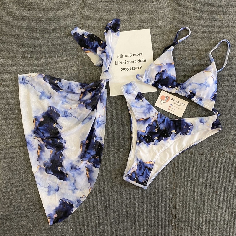 [BKN1454] &lt;ÂU&gt; SET BIKINI 3 MÓN LOANG XANH ĐEN KÈM KHĂN HÔNG