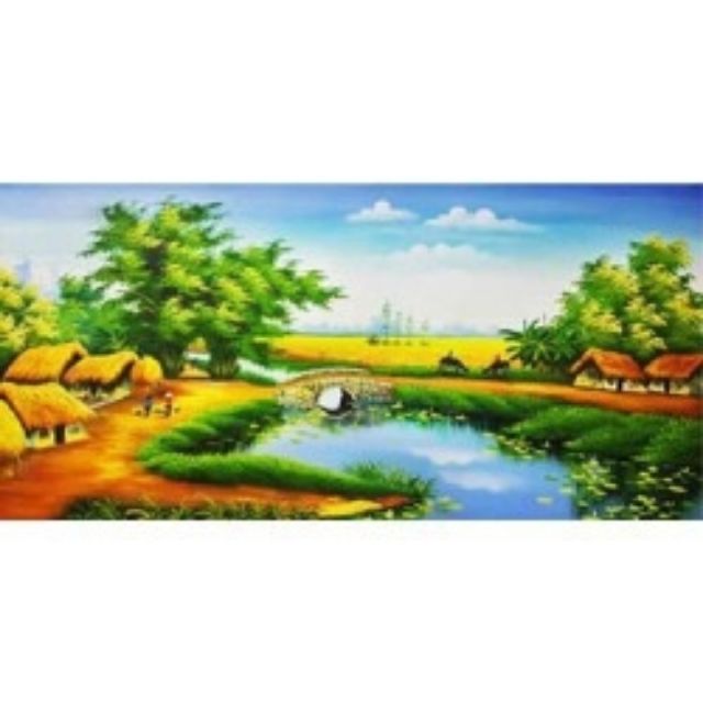 Tranh đính đá phong cảnh đồng quê, làng quê df469 (100x60)