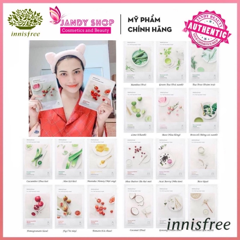 Combo 30 mặt nạ Innisfree My Real Squeeze Mask mix ngẫu nhiên, Combo 30 mask innisfree, 30 nạ dưỡng ẩm làm trắng da