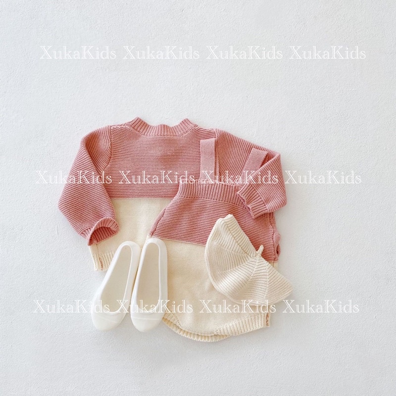 Set Bộ Bé Gái [XukaKids] Áo Khoác Cardigan và Yếm Len Cao Cấp Bé Gái Trắng Hồng Nhún Trước Ngực Len mịn dày dặn