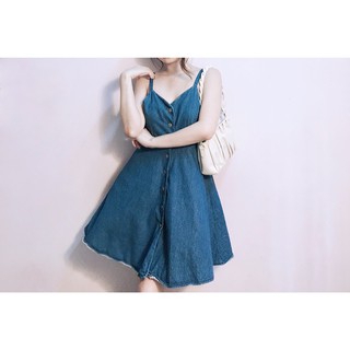 Đầm 2 dây denim xoè nút bóp