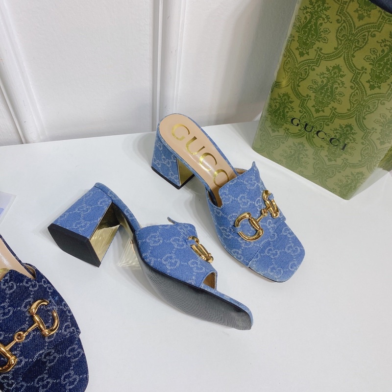 Giày sandal guốc guci jean hoạ tiết gót trụ fullbox
