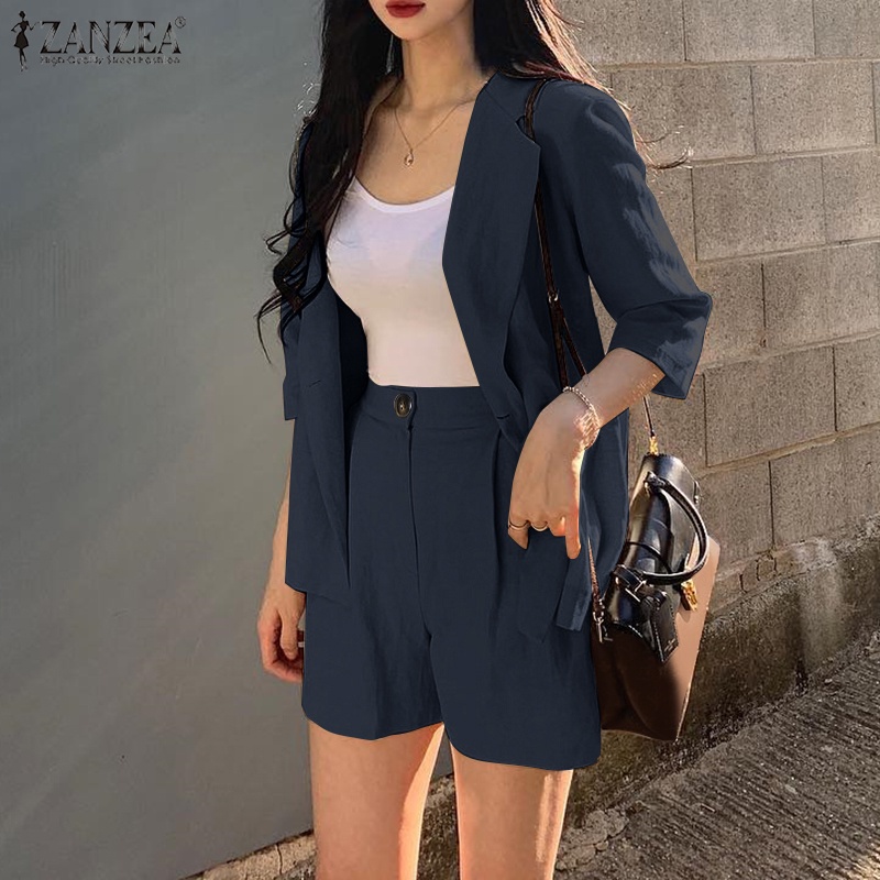 Set áo khoác tay 3/4 + quần short lưng thun ZANZEA thời trang nữ