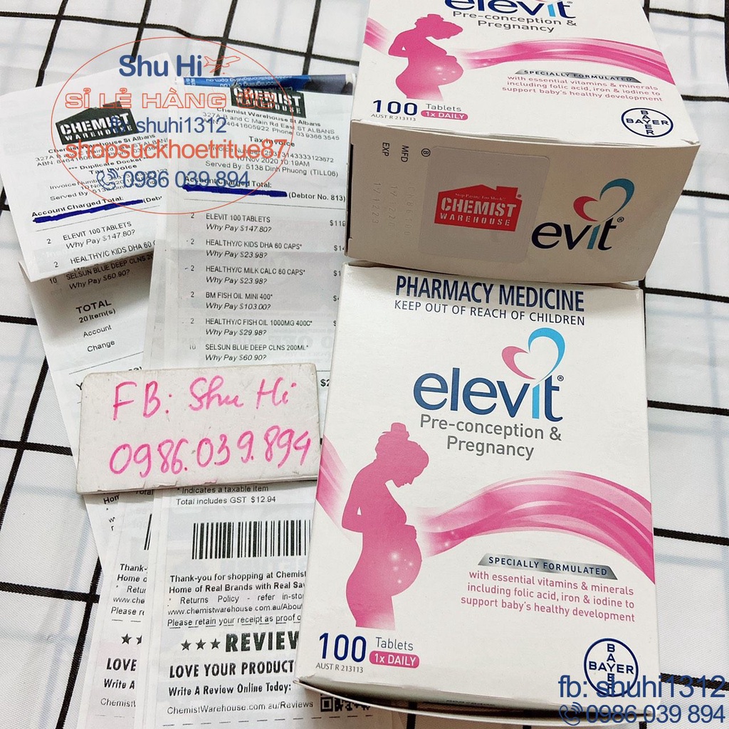 Elevit bầu úc, vitamin tổng hợp elevit cho bà bầu, trước sinh, bầu và sau sinh 100 viên