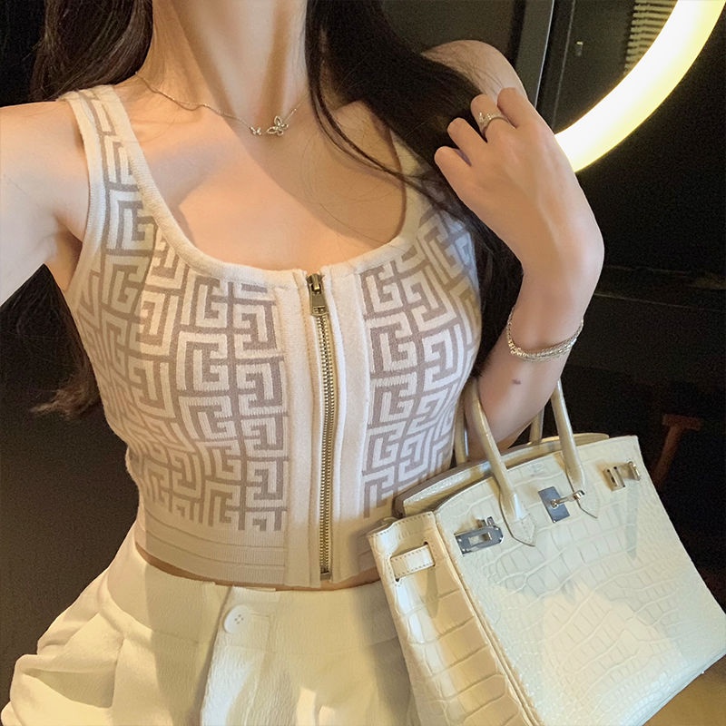 Jacquard zipper sling vest female designer short sleeveless sweater 2022 new U-collar t-shirt
