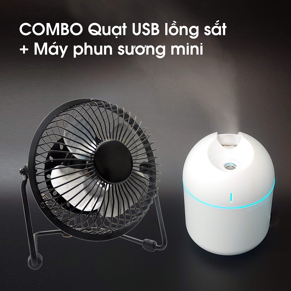 COMBO quạt USB lồng sắt + máy phun sương làm mát