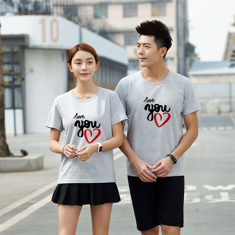 Áo thun cặp thời trang cổ tròn,thun cotton 4 chiều co giãn In Nhiệt Trái Tim Love You