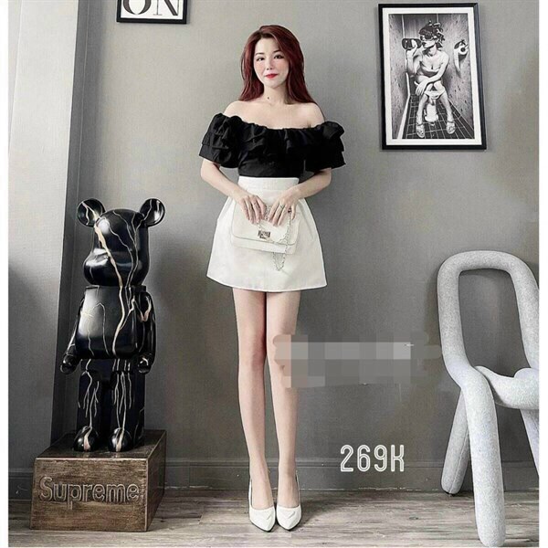 (Ưu Đãi FreeShip) Sét thiết kế nữ áo trễ vai tầng mix chân váy A siêu xinh,hàng loại 1 diện lên cực sang