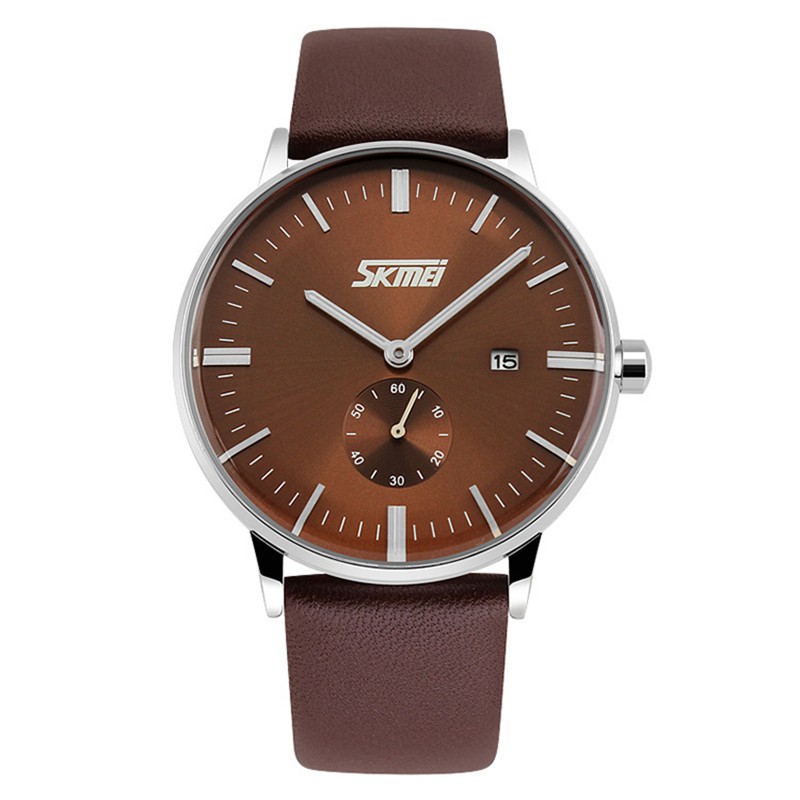 Đồng hồ nam SKMEI mặt tròn size 39mm có lịch dây da xanh cao cấp, kính chống xước, chống nước tuyệt đối