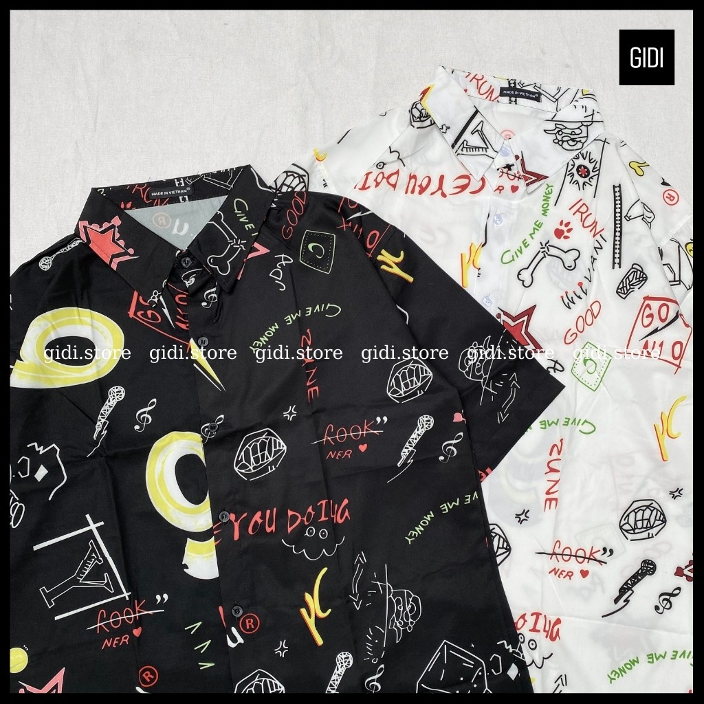 Áo sơ mi nam nữ unisex vải lụa form rộng tay lỡ in họa tiết hoá học ❤️ áo sơ-mi ngắn tay thoáng mát, vải không nhăn